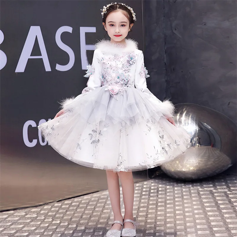 Осенне-зимнее плотное теплое детское элегантное платье с цветочной аппликацией для дня рождения, вечеринки, выпускного бала, платье для выпускного вечера