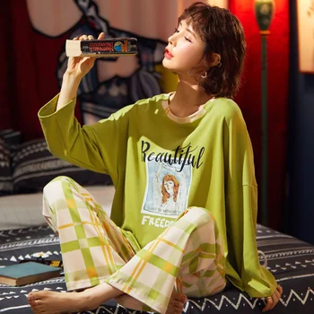 

2 Pieces Leisure Cotton Sleepwear Pajamas Set Women's Sleepwear Long Sleeves Long Pants Autumn HomeWear