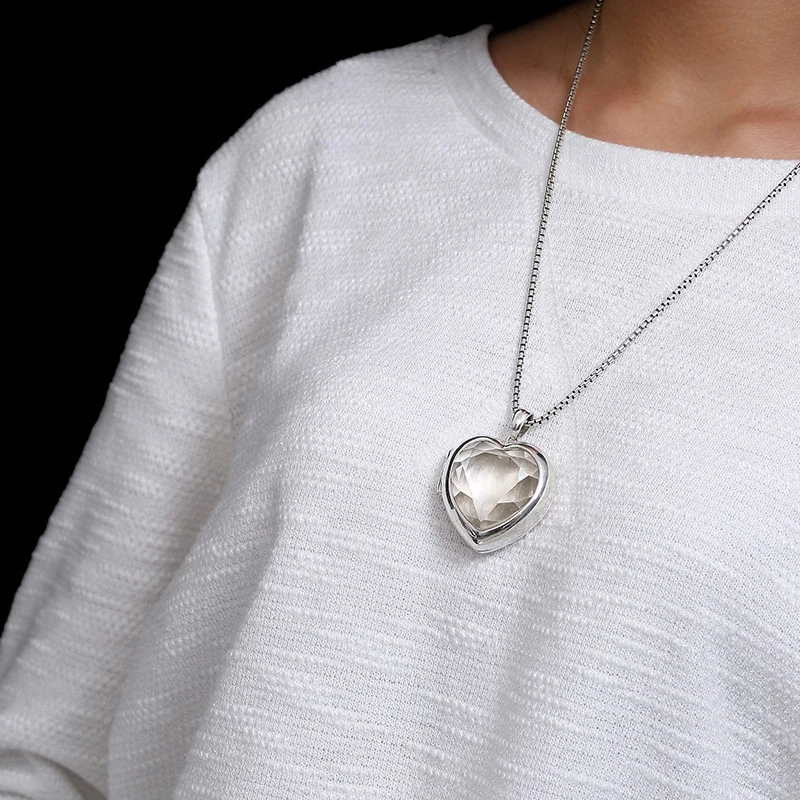 Real 925 Sterling Sliver Crystal Heart shape Pendant Necklace for Man Women Simple Fashion Vintage Remembrance