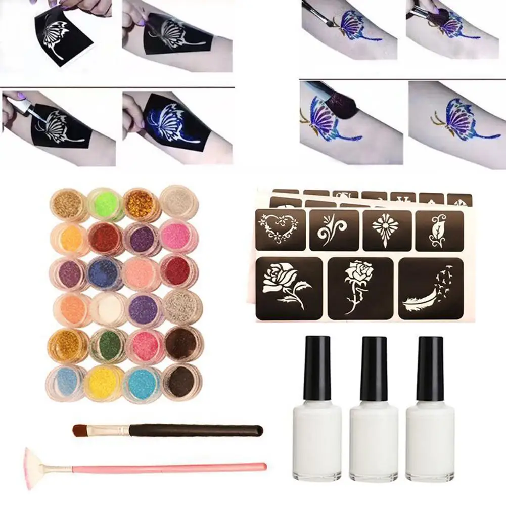 Glitter Tattoo Kits 24 Color 125 Templates Flash Diamond Flash for Temporary Tattoo Set Kids Face Body Painting Art Tools Set