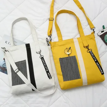 

2020 New Patchwork Shopping Bag Single Shoulder Black Yellow Canvas Cloth Bags Zipper Reusable Eco Shopping Bag Bolsas De Tela