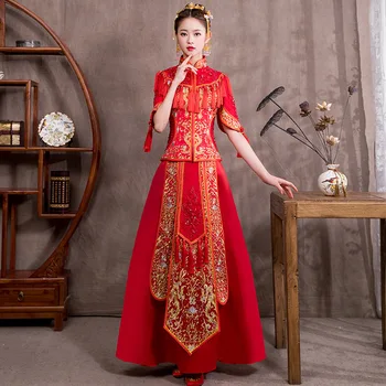 

Chinese Traditional Wedding Dress Cheongsam Dragon Phoenix Clothing Qipao Embroidery Red Satin Tops For Woman Gold Brocade Gown