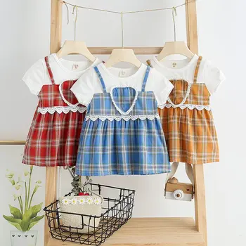 

Summer Kids Baby Girls Patchwork Lace Decoration Short-sleeved Dress With Ruffles Heart Print