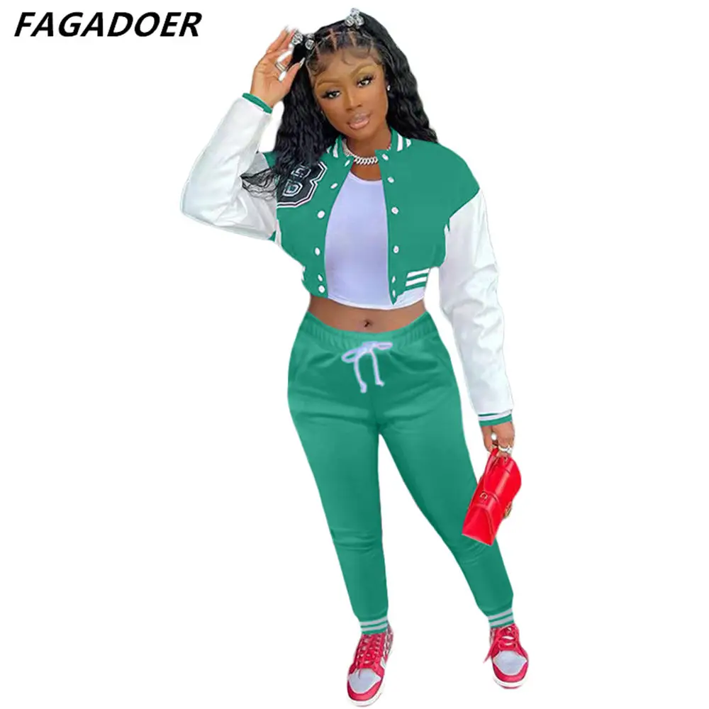 FAGADOER Autumn Winter Baseball Uniform New Women Button Letter Print Coat And Pants Tracksuits Casual 2pcs Outfits Streetwear women's sweat suits sets Suits & Blazers