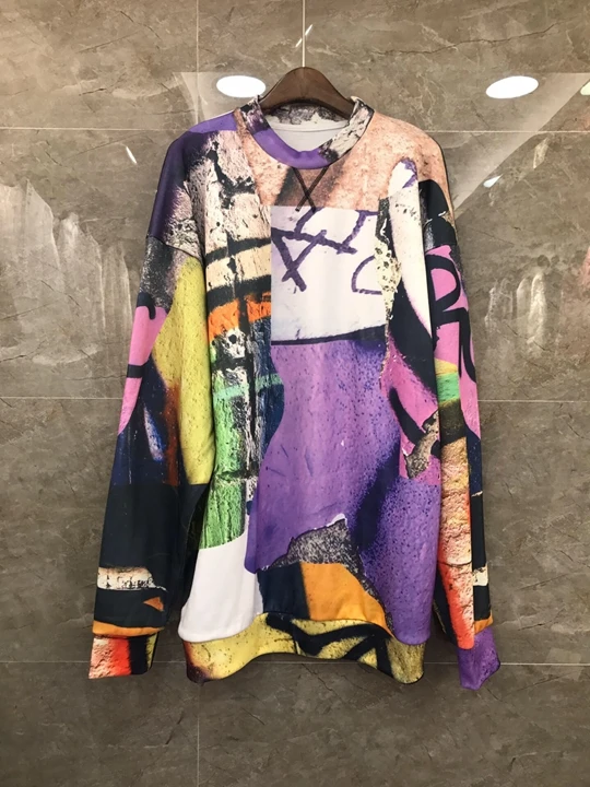 

2019 Early autumn new women's round collar color printing pattern matching color long sleeve loose-fitting guard 725