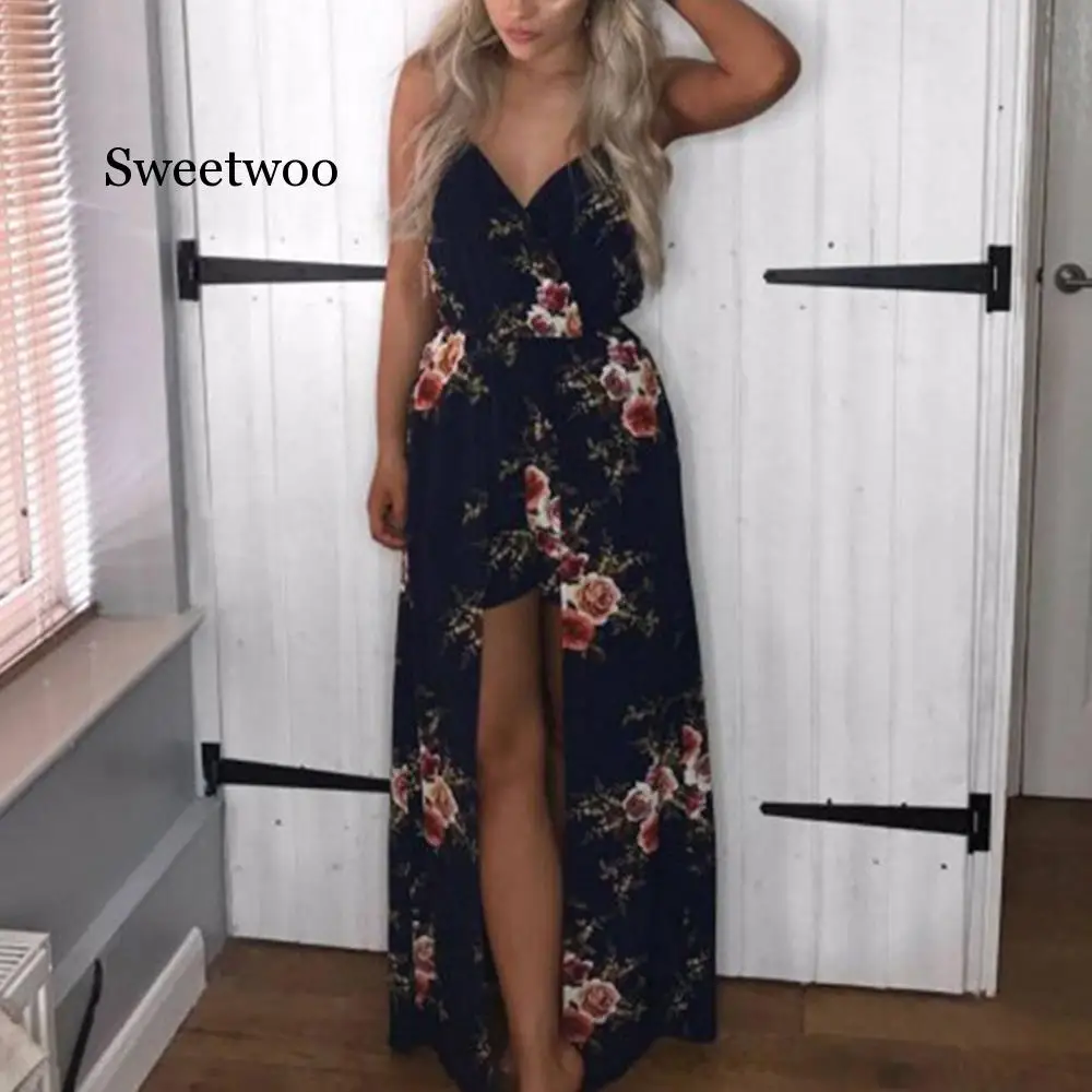 

Bohemia Split Long Maxi Dress Womens Rose Printed Boho Beach Shorts Irregular Hem Party Dresses
