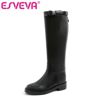 

ESVEVA 2020 Shoes Women Knee-high Boots Square Low Heel Elegant PU+ Leather Boots Platform Motorcycle Boots Size 34-39