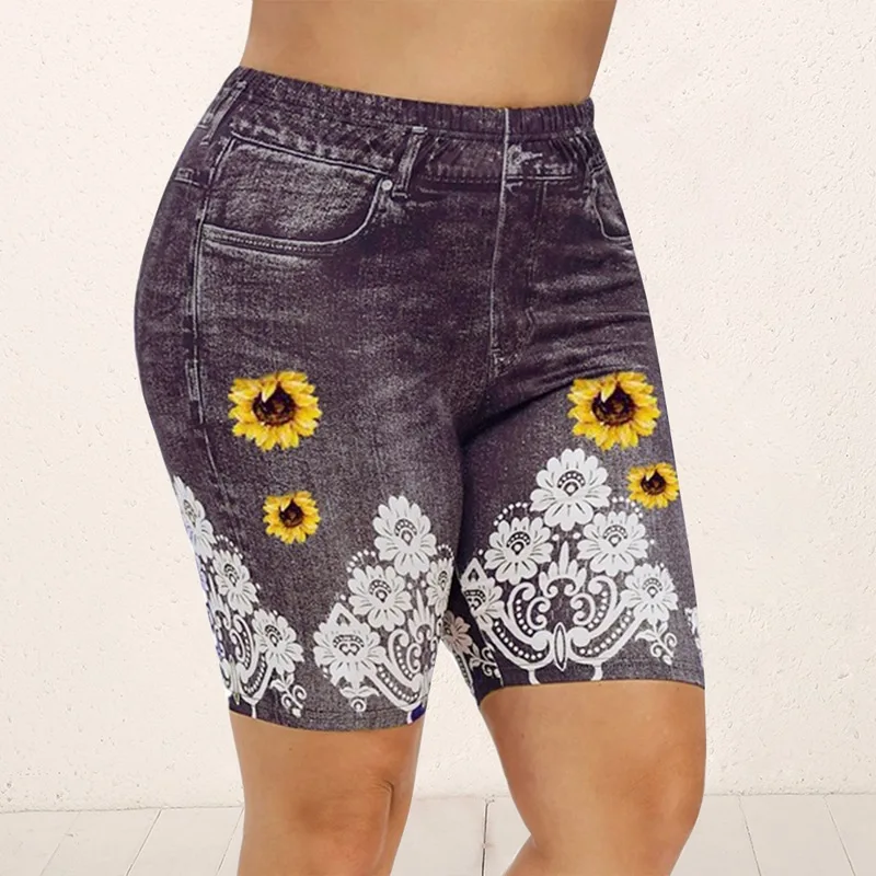 

Muyogrt Short Leggings Women Jeggings Flower Printed Jeans Fashion Leggings Elastic Capri Pants Summer Fake Denim Push Up