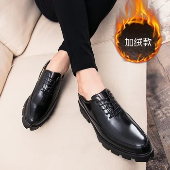 

Autumn Winter Man Italian Dress Leather Shoes Boots Warm Plush Shoes Mens Patent Leather Lace Up Business Formal Office Shoe