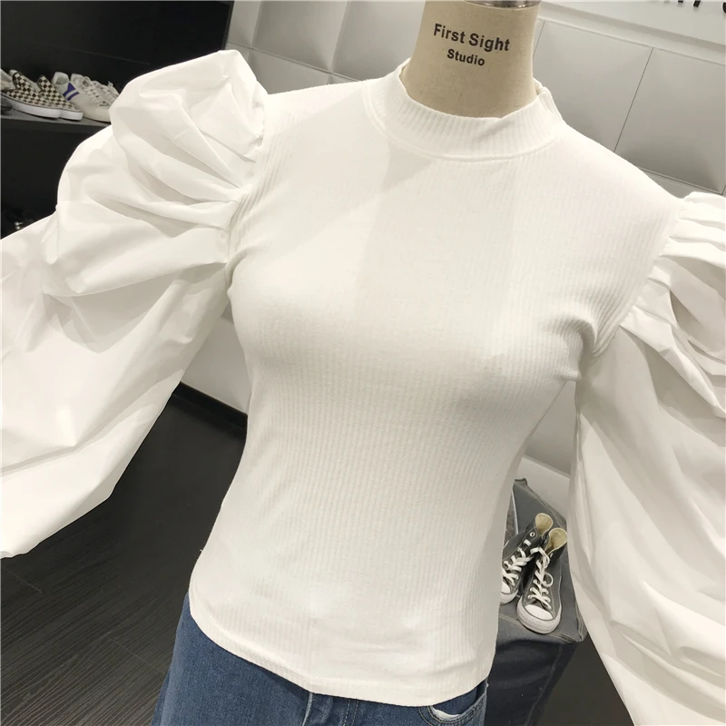 Модный дизайнерский вязаный пуловер с пышными рукавами в стиле пэчворк, топ, Осенний Женский свитшот с длинным рукавом, однотонная тонкая трикотажная рубашка, укороченный