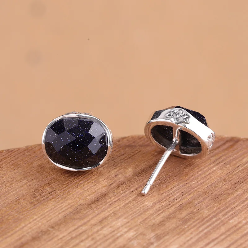 

Manufacturers direct Thai silver handmade small fresh earrings S925 sterling silver jewelry grid blue sandstone earrings