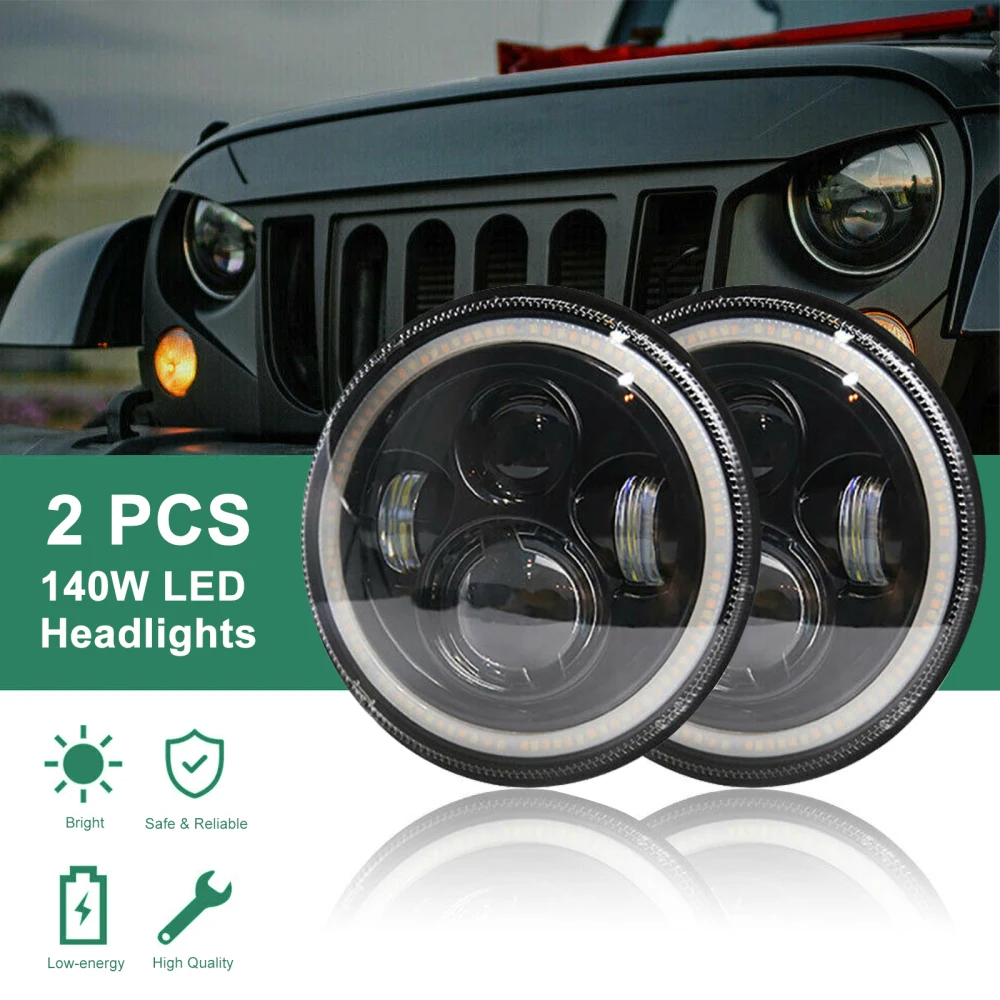 

LN625-A LED Lamp Wrangler JK TJ LJ 97-17 Angel Eye Headlights 140w Round Accessories Faster On/off Response Time 7inch Car Light