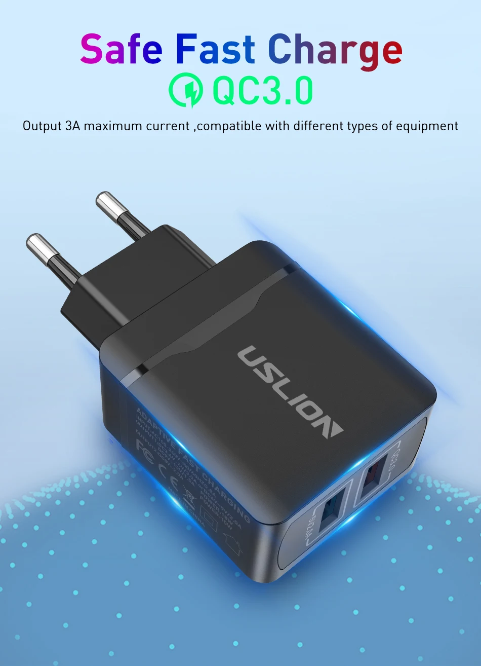 USLION Quick Charge 3,0 18 Вт QC 3,0 адаптер зарядного устройства с двойным USB EU дорожное настенное зарядное устройство для мобильного телефона для iPhone samsung Xiaomi huawei