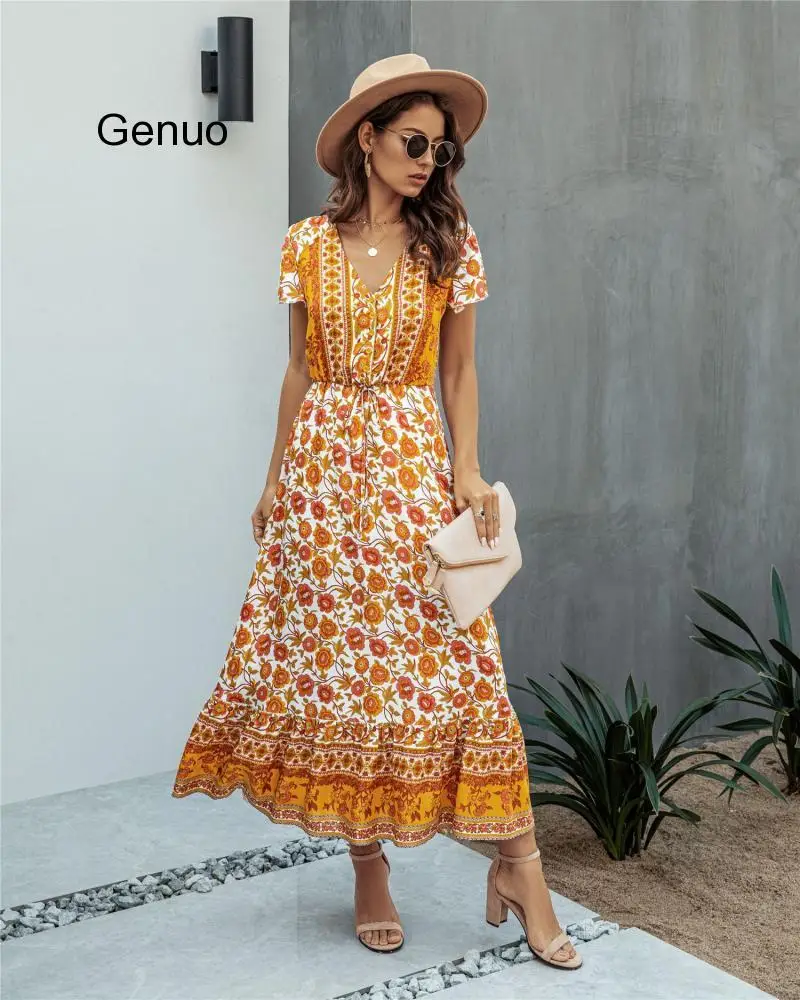 2020 Summer Fashion Print Boho Beach Dress V-neck Short-sleeved Tether European And American Style Long Female Dress