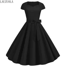 LAUZUOLA летнее винтажное платье однотонное черное 50s 60s халат женский короткий рукав квадратный воротник офисные вечерние миди платье с бантом
