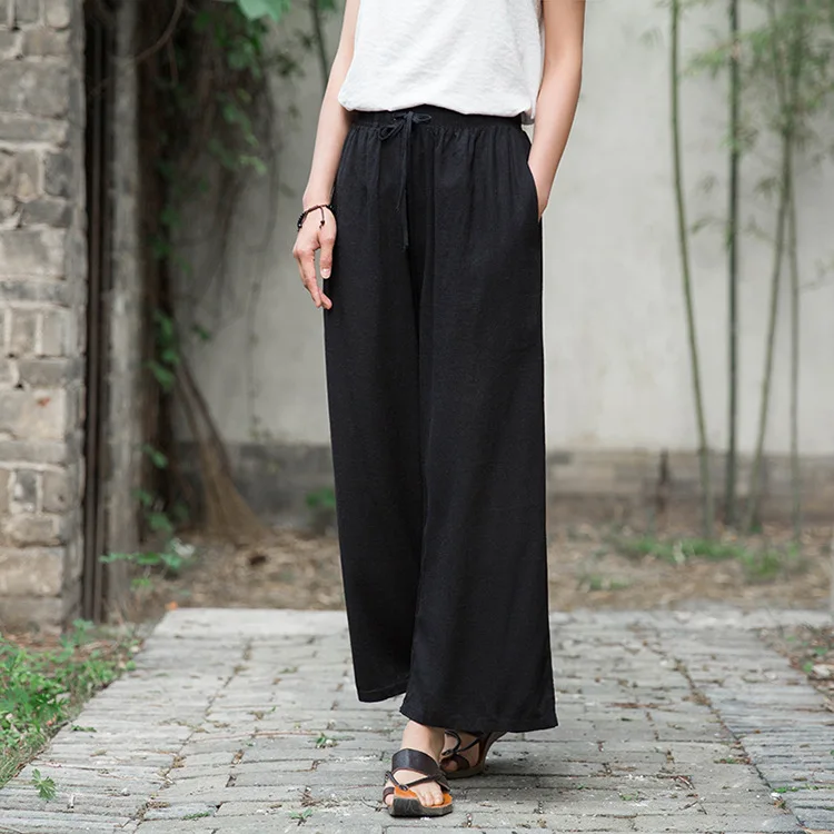 Johnature 2020 Autumn Women New Retro Elastic Waist Cotton Linen Lace Up Wide Leg Pants Loose Casual All-match Ankle-length Pant