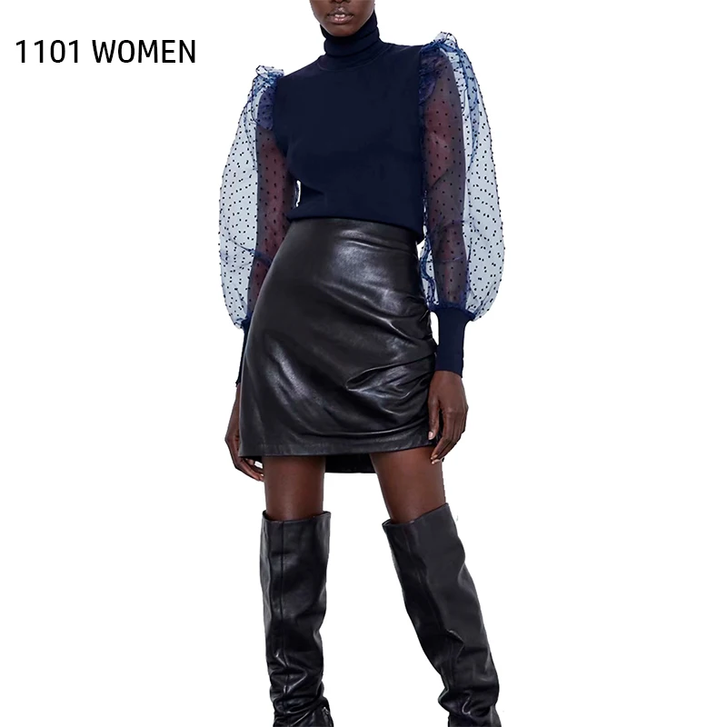 ZA новинка весны женская синяя pathwork прозрачная фонарь рукав водолазка