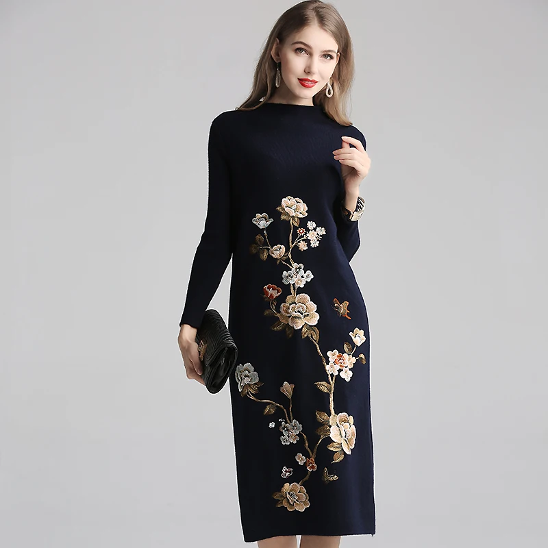 Высокое качество осень зима шерстяное вязаное платье женское изысканное цветочное вышитое с длинным рукавом толстое теплое женское платье-свитер