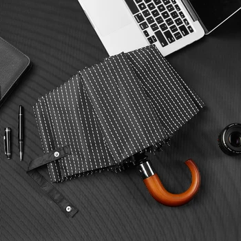 

2019 New Automatic Folding Umbrella Men Women Wooden Handle Stripe Umbrellas Windproof 10 Ribs Anti UV Parasol