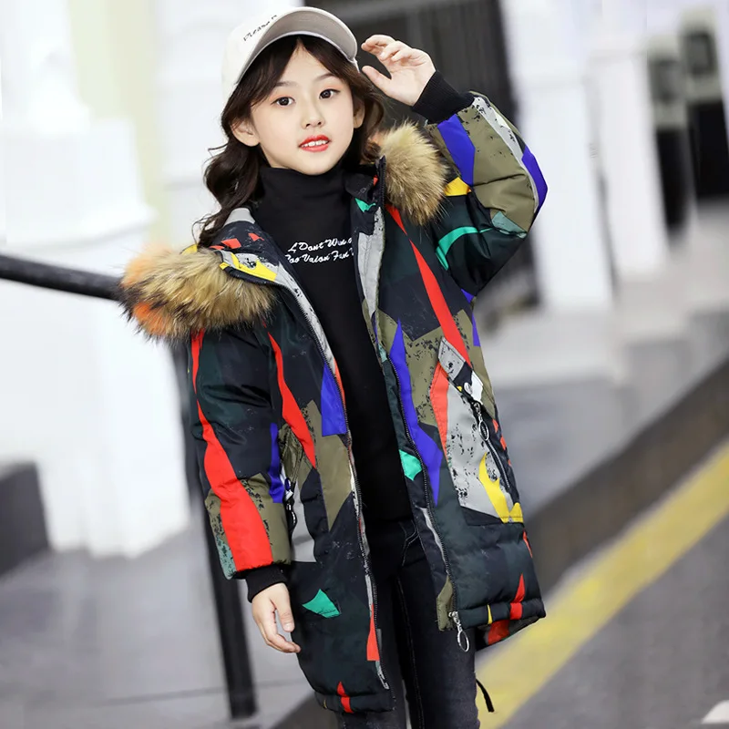 

New Children's Down Jacket Long Korean Version of The Parent-child Camouflage Girl White Duck Down Real Fur Collar
