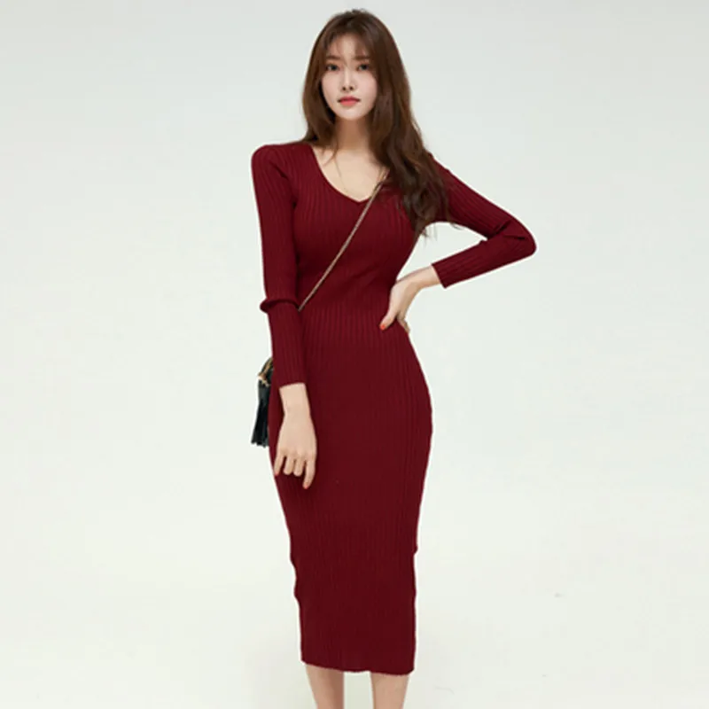 

New Women Simple Stretch Knit Dress 2020 Autumn Winter Warm Dress Fashion Bottoming Long Sleeves High Waist Tight Dress