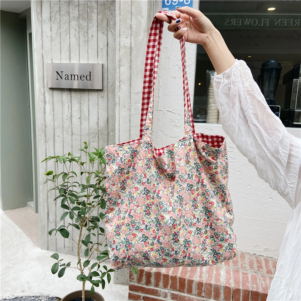 Women Portable Pouch Floral Plaid Print Shopping Handbag Tote Large Shoulder Bag Capacity Dual Use |