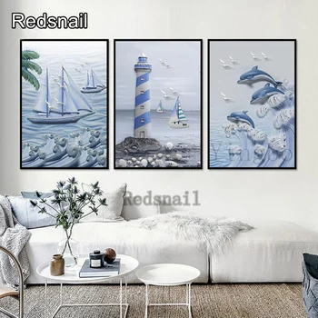 

Dolphin Lighthouse Sailing landscape diamond painting 3 pcs set Modern Triptych Painting Art Aisle Living Room Unique TT1085