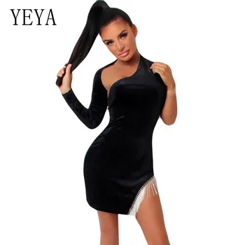 

YEYA One Shoulder Long Sleeve Rhinestone Tassel Mini Black Dress Women Elegant Hollow Out Sexy Bodycon Dress Femme Party Dresses