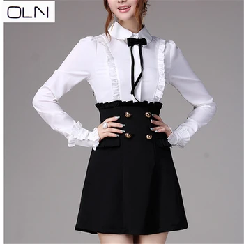 

OLNd dress 2019 Autumn new arrival Korean wholesale vestidos temperament Black and white inlaid ruffled shirt-long sleeve dress