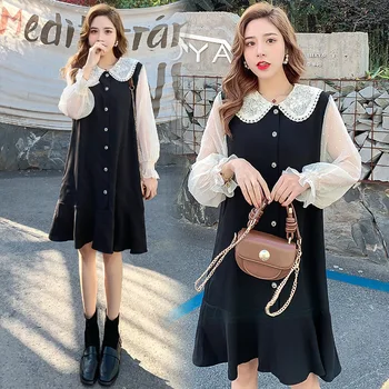 

Maternity clothes 2020 spring summer new lace doll collar loose button stitching long-sleeved Pregnant woman dresses Vestidos