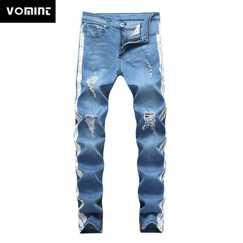 

Men's Jeans Fashion High Street Hole Jeans National Tide Men's Stretch Slim Feet Pants Light Blue Hot Wholesale Large Size 28-38