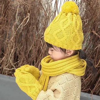 

Children Knit Scarf Hat Gloves Solid Color Winter Warm Mittens Cap Scarves Set K1MA