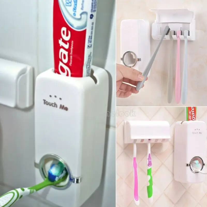 New trendy White Automatic Toothpaste Dispenser Toothpaste Toothbrush Holder Home Bathroom Wall Mount Stand Storage Rack White