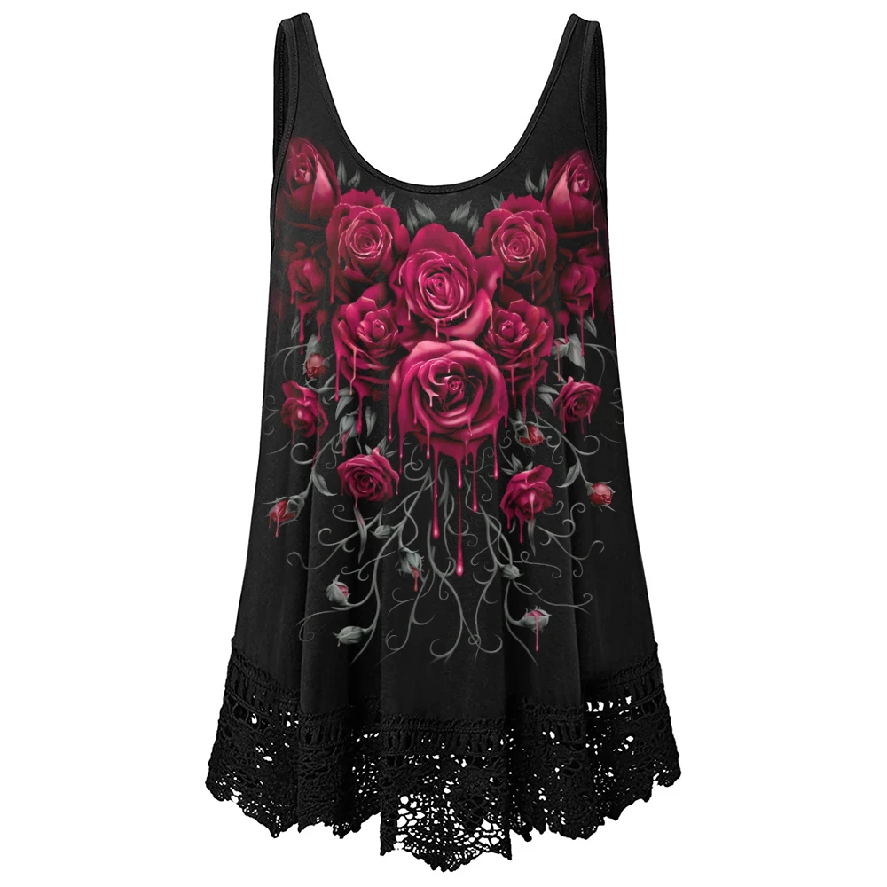 Tops con cuello en U para mujer, ropa de L-5XL de talla grande, chaleco sin mangas, Camiseta con estampado Floral de Rosa oscura, ropa informal de primavera y verano D30