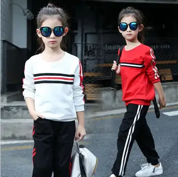 

2019 autumn new medium and large girls sports set solid color collar two-piece long-sleeved knitted shirt pants girl suit