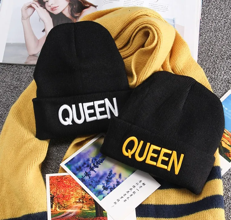 Купить Черная вязанная Повседневная зимняя модная шапка King queen Мужская и женская пара | Мужская Skullies  шапочки (4000106403344)