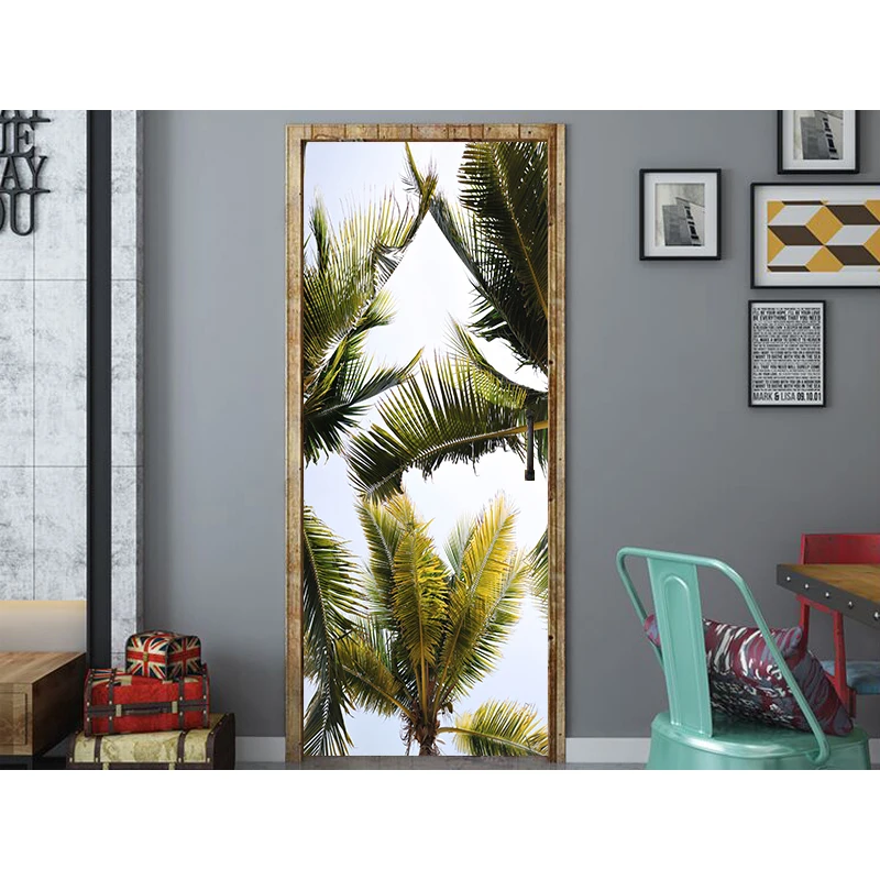 3D Print Big Palm Tree Landscape Waterproof Entire Door Sticker Creative Stickers Door Wall Sticker DIY Mural Bedroom Home Decor