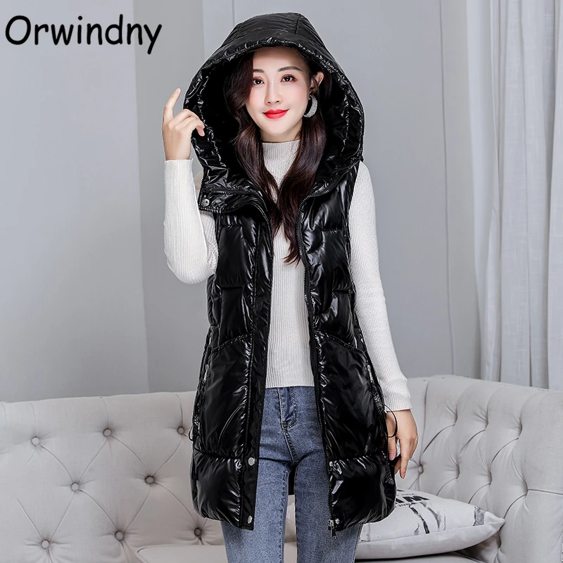 

Orwindny Snow Wear Warm Long Waistcoat Women Winter Waterproof Vest Jacket Hooded Big Pockets Fashion Glossy Parka Sleeveless