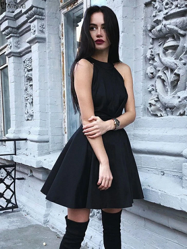 

Simple Summer Black Short Prom Dress A-Line Satin Open Back Graduation Gown Sexy Mini Cocktail Party Homecoming Dresses 2019