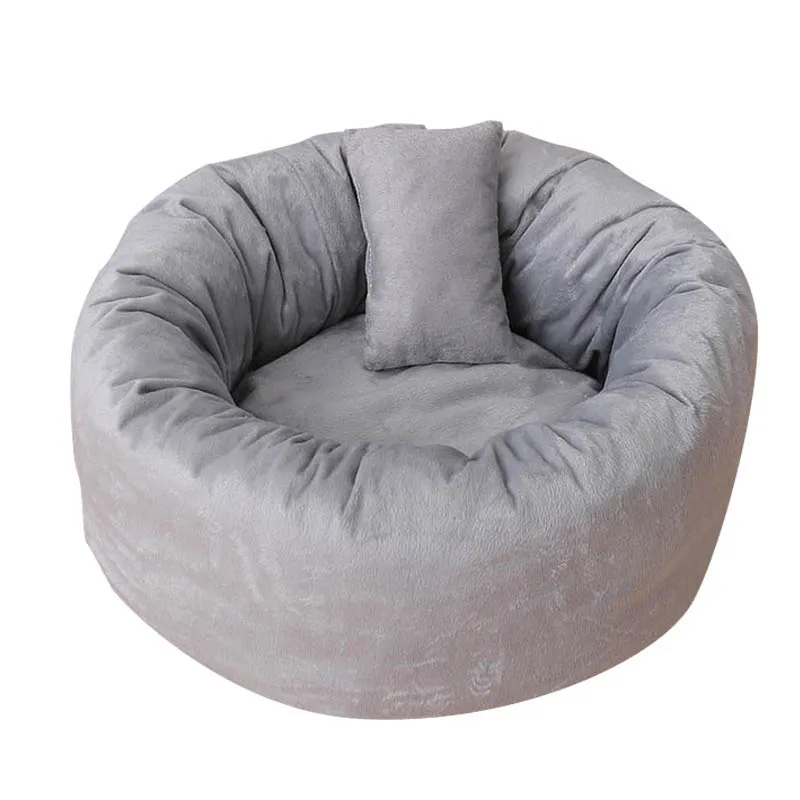 Pets Shag Plush Donut Cuddler Calming Bed Round Plush Cat Dog Mat Sleeping Bed with Pillow E2S - Цвет: Gray