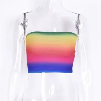 

Women Summer Gradient Neon Rainbow Stripes Crop Tube Top Sexy Off Shoulder Bandeau Stretchy Chest Wrap Festivals Party Cami