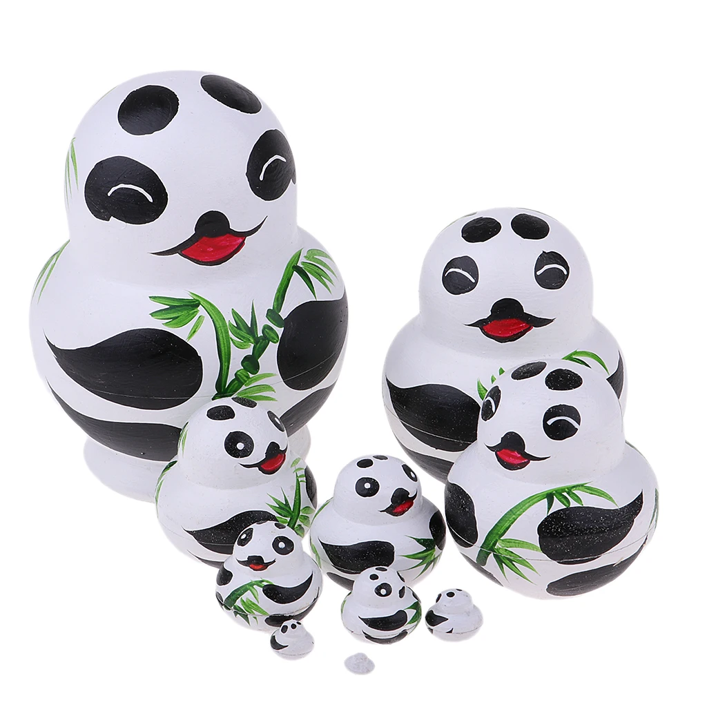 Wooden Russian Nesting Dolls Panda Bamboo Matryoshka Hand Painted 10 Pieces