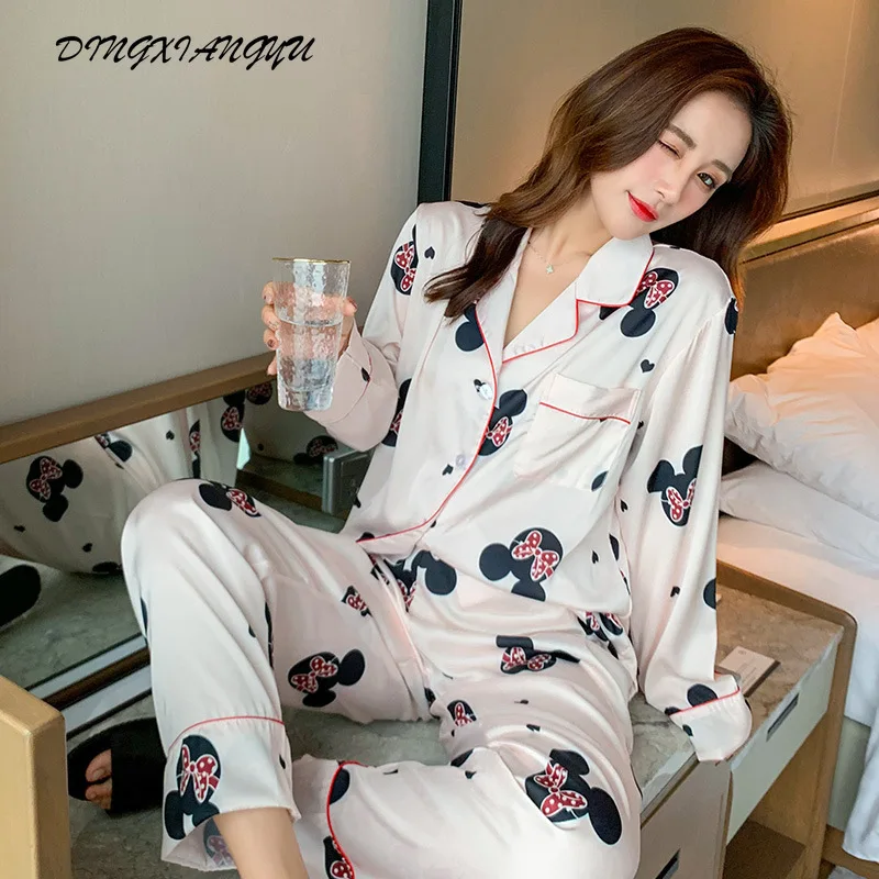 

Pajamas women spring and autumn long-sleeved ice silk thin cartoon cute cartoon Mickey light pink home service pajamas set