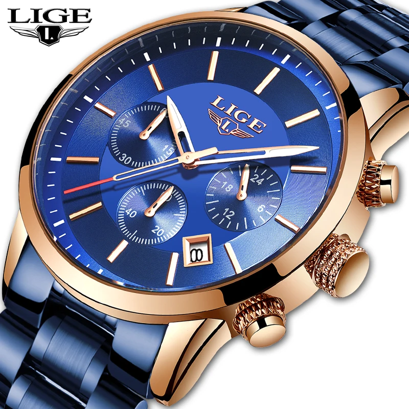 LIGE модные синие часы для мужчин s часы из нержавеющей стали водонепроницаемые лучший бренд класса люкс кварцевые часы для мужчин Relogio Masculino