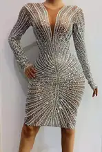 

Women Nightclub Sparkly Dress Long Sleeve Rhinestones See-through Sexy Mesh Dresses Lady Singer Dancer Adult Stage Wear Costume