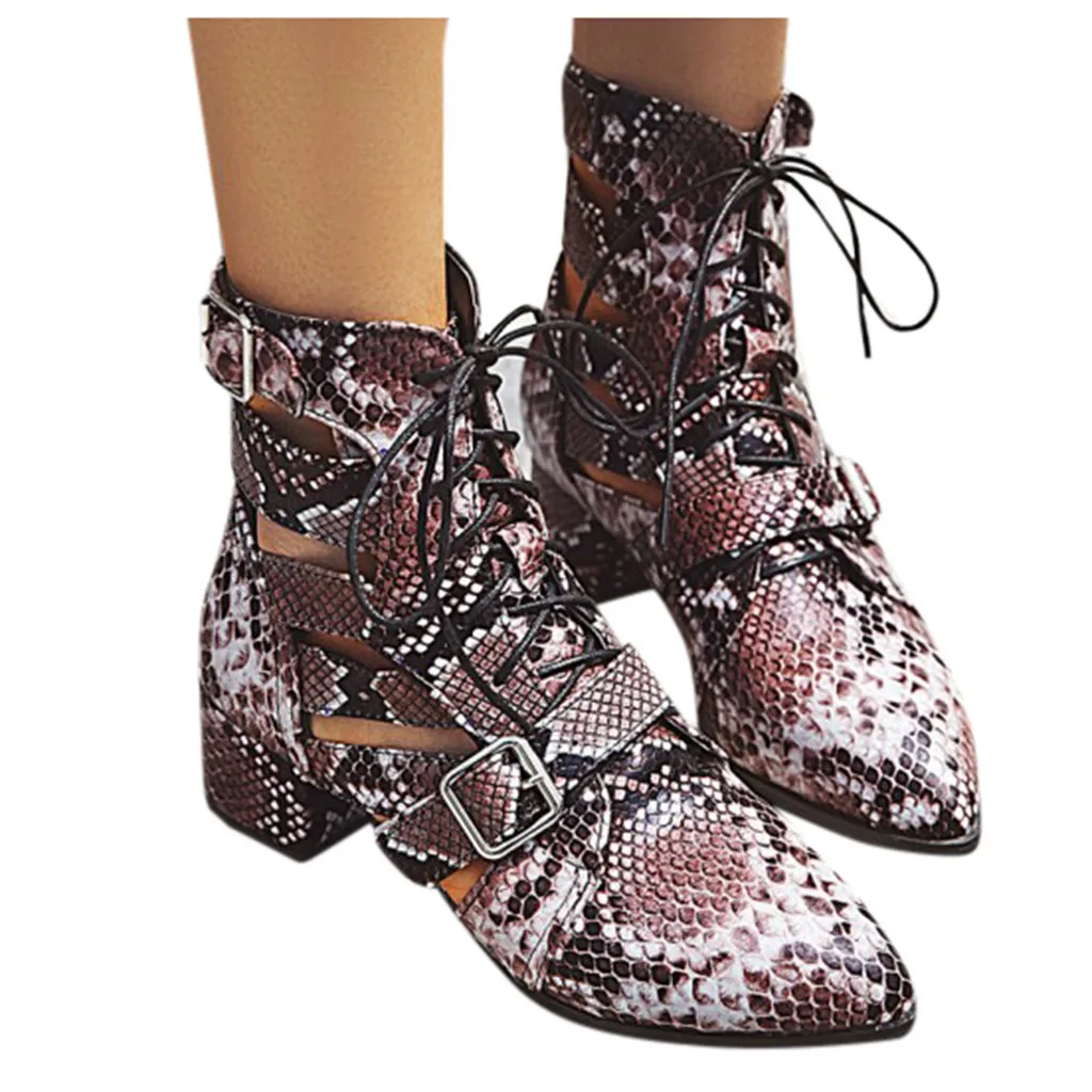 Ботинки с шнурками; женская пикантная зимняя обувь на толстом каблуке с острым носком и змеиным принтом; женские ботильоны; босоножки; chaussures femme