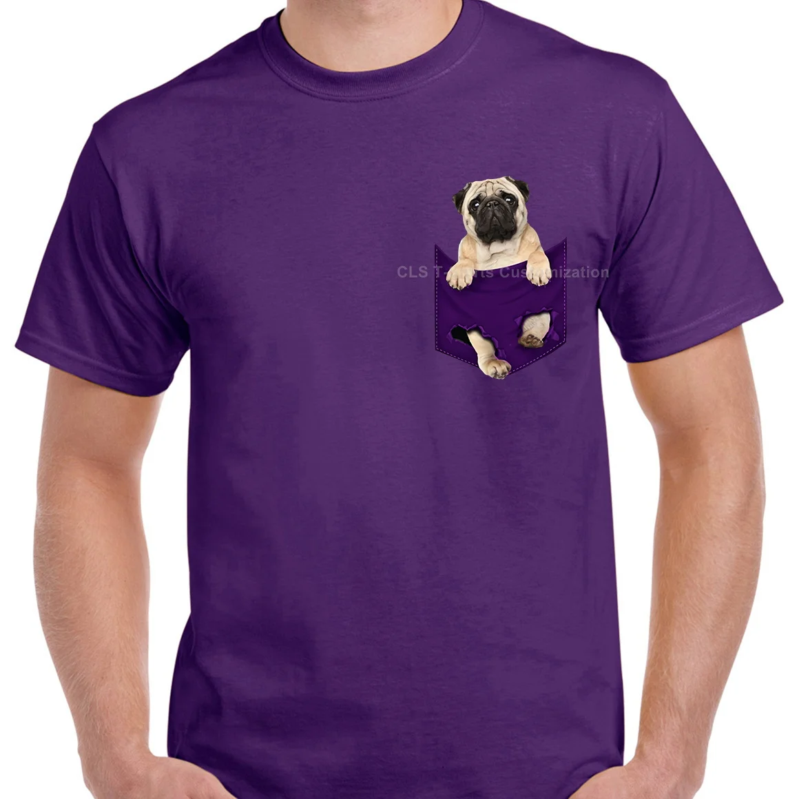 Футболка с Мопсом, с карманом, с Мопсом, внутри, с карманом, для любителей собак, хлопковая, мужская, черная, популярная, с рисунком, мужская, унисекс, новинка, модная футболка - Цвет: Men purple
