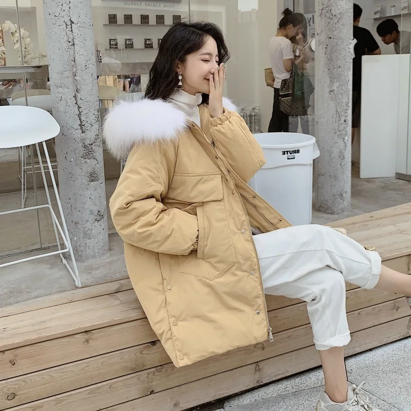 

White Duck Down Jacket Women Embroidery Raccoon Fur Collar Down Coat Puffer Jacket Winter Coat Women Casaco 8205 YY1224