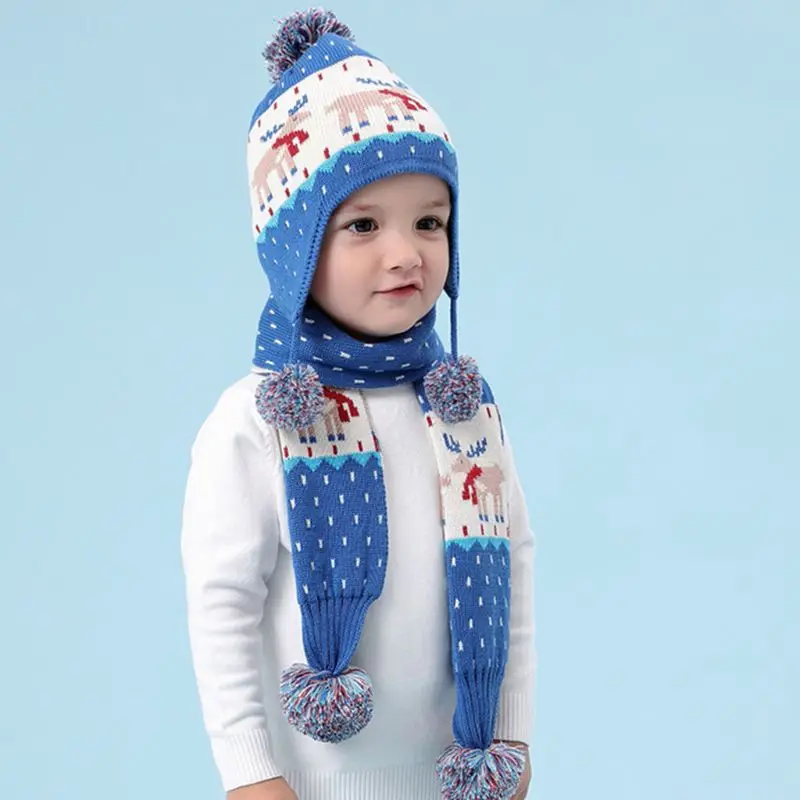 Детская зимняя жаккардовая шапочка с оленем для малышей, шапка, шарф, помпон, шапка-ушанка, теплая шапка 24BC