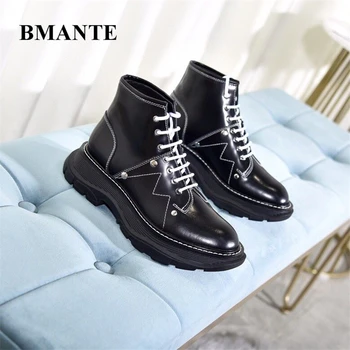 online Botas Femininas De Couro Genuíno Outono Inverno Plataforma Rendas Até Goth Escuro Owen Feminino Tornozelo Botas Básicas Tênis Sapatos Chelsea 2020